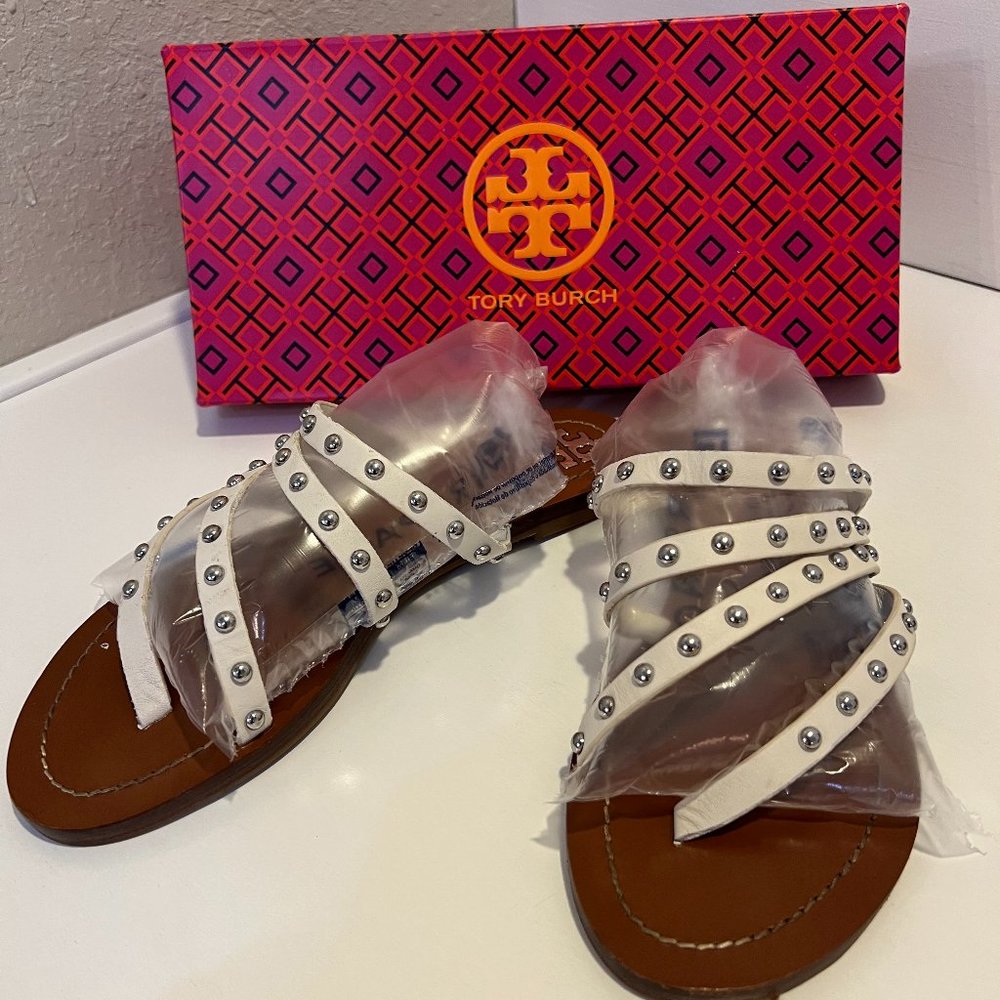 TORY BURCH ~ Sz 7.5 ~ Patos - white - strappy - Studded Thong Sandal Sandals
